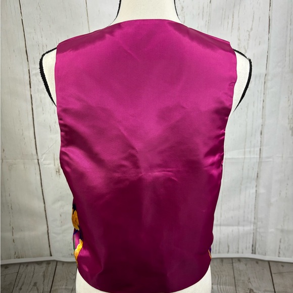 Magenta Multicolored Satin Chic Vest Yellows Flowers Handmade - Picture 4 of 4